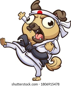 Perro de cachorro gordo de caricatura lanzando una patada de karate. Ilustración de imagen de clip vectorial. Todo en una sola capa.
