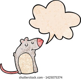 cartoon fat rat with speech bubble in retro texture style
