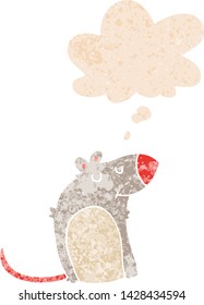 cartoon fat rat with thought bubble in grunge distressed retro textured style