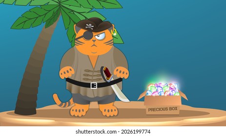 Cartoon fat red grumpy cat pirate in a camisole with one eye and a saber, on an island with a palm tree and a cardboard box , precious bright stones