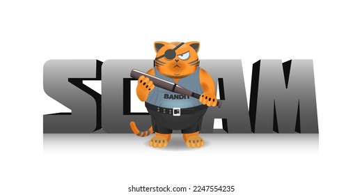 Cartoon fat red serious cat with a baseball bat, in pants with a belt and a T-shirt. 3d word, scam. On a white background.