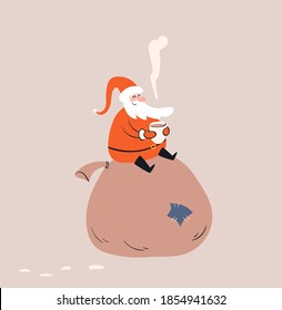 Cartoon fat Santa Claus sitting with a mug of hot drink in his hands. Smiling Santa on a large bag of gifts with a patch on it. Hand-drawn colorful doodle story. Vector stock isolated illustration.
