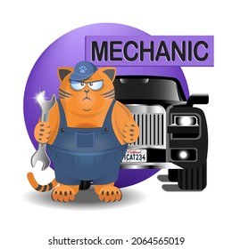 Cartoon Fat Serious Red Cat Mechanic In A Cap And Overalls With A Wrench On The Background Of A Black Big Car. Funny Icon