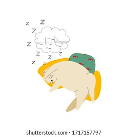 Cartoon fat short haired cat sleeps sweetly on colored pillows. A cute pet is napping and dreaming. Vector illustration isolated on a white background.