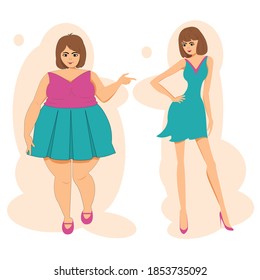 Cartoon of fat and thin  woman wearing colorful skirt, sleeveless shirt and light blue dress. Before and after weight loss fat and slim girl  on a white background vector illustration flat design.