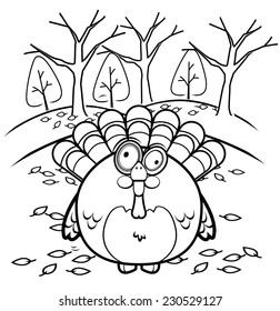 A cartoon fat turkey in the forest in the fall.