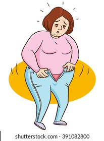 cartoon fat woman with a big belly trying to wearing jeans,  vector  illustration