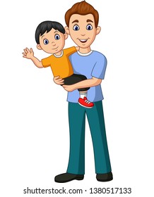 Cartoon father carrying a son in his arms