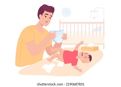 Cartoon father changing diaper of crying baby. Young man taking care of little child flat vector illustration. Parenting, fatherhood, baby care concept for banner, website design or landing web page