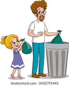 Cartoon father and child throwing garbage into the trash can Vector illustration.