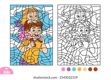 Cartoon father and daughter. Color by number, education game for children