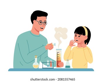 Padre e hija de dibujos animados haciendo experimentos químicos en vidrios de laboratorio en casa. Clases de química para niños. Clase maestra para niño. Laboratorio doméstico. Ilustración de moda vectorial