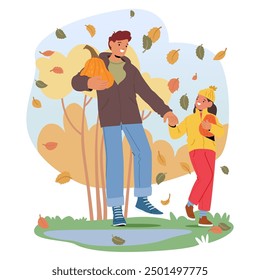 Cartoon Father And Daughter Holding Pumpkins While Enjoying A Walk In Autumn Park. Falling Leaves And Colorful Trees Create A Cozy, Seasonal Atmosphere, Perfect For Fall Activities And Family Bonding