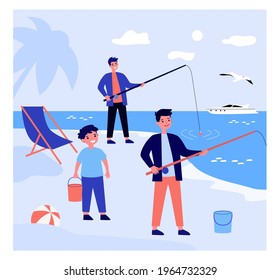 Cartoon father fishing at beach with his sons. Flat vector illustration. Kids enjoying their summer vacation with dad, playing with sand and fishing. Sea resort, vacation, family, hobby concept