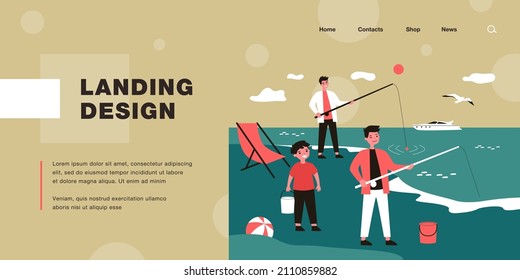 Cartoon father fishing at beach with his sons. Flat vector illustration. Kids enjoying their summer vacation with dad, playing with sand and fishing. Sea resort, vacation, family, hobby concept