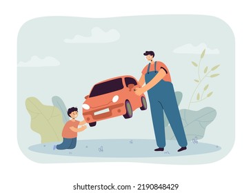 Cartoon Father Giving Big Toy Car To Happy Little Son. Man Giving Present To Boy Sitting On Floor Flat Vector Illustration. Parenthood, Childhood, Birthday, Family Concept For Banner, Website Design