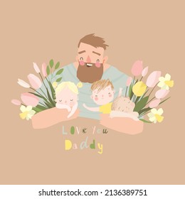 Cartoon Father hugging Children with Bouquet of Spring Flowers