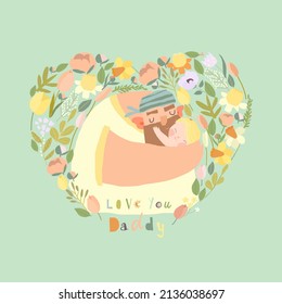 Cartoon Father hugging Little Daughter in Flowers