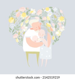 Cartoon Father hugging Little Daughter and Wife in Flowers
