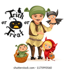 Cartoon father and kids in Halloween svg