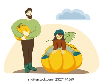 Cartoon father with little girl sitting on big pumpkins. Happy father and girl celebrating holidays in fall flat vector illustration. Family, Halloween, thanksgiving concept for banner