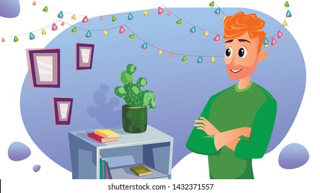 Cartoon Father Repair, Hang Light Garland, Frames on Wall Vector Illustration. Best Dad Card. Family Love Care. Children Bedroom Decoration. Nursery Decor. Playroom Furniture, Bedside Table