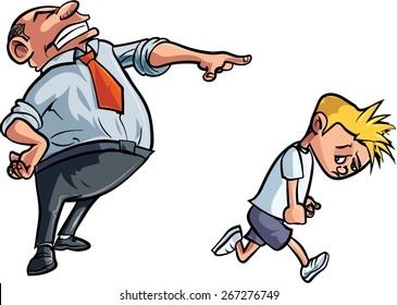 Cartoon father scolding unhappy boy. Isolated