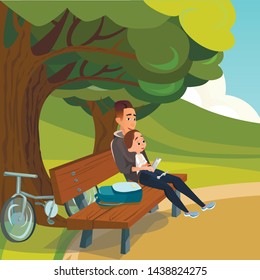 Cartoon Father Sit on Wooden Bench with Little Son Vector Illustration. Dad Hold Mobile Phone. Boy Play Smartphone. Happy Family Together Outdoors. Nature Park Tree. Summer Leisure Bicycle Travel