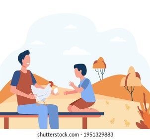 Cartoon father and son characters with hen and egg. Flat vector illustration. Man holding chicken and egg talking with child, sitting on bench outdoors. Farming, nature, animal, parenting concept