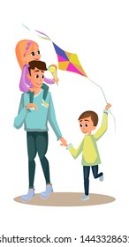 Cartoon Father Son Daughter Walk Vector Illustration. Man Carry Little Girl with Icecream Vector Illustration. Kid with Kite Toy. Happy Family. Father Day Celebration Card. Dad Children