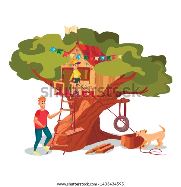 Cartoon Father Son Dog Build House Stock Vector Royalty