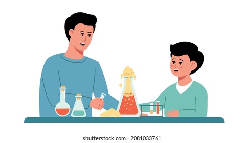 Cartoon father and son doing chemistry experiment in laboratory glassware at home. Chemistry lesson for children. Master class for child. Home laboratory. Vector trendy illustration