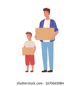 Cartoon father and son holding cardboard box isolated on white background. Happy family moving carry things packing at paper container vector flat illustration. Male character relocation