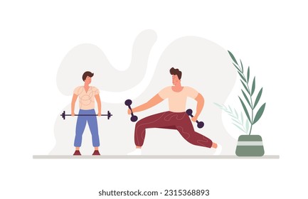 Cartoon father and son lift dumbbells. Regular physical activity. Time for fitness and yoga. Doing morning exercises. Healthy and active lifestyle. Vector