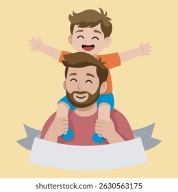 Cartoon Father with Son on His Shoulder. Celebrating World Father's Day
