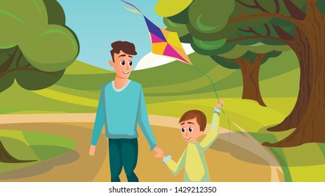 Cartoon Father Son in Park Vector Illustration. Happy Kid with Fly Kite Toy. Summer Family Vacation. Dad Boy Enjoy Walk. Contryside Nature, Meadow Field. Childhood Fun. Fatherhood Parenting