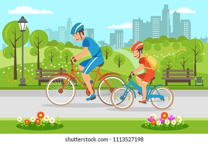 Cartoon father with son riding on bicycles in park. Vector flat illustration. Father day.