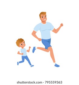 Cartoon father and son running together. Morning jogging. Sporty family. Fatherhood concept. Physical activity and healthy lifestyle. Flat vector design