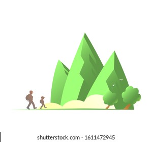 Cartoon father and son travel with backpacks in beautiful places of nature. Silhouettes of people. Hiking tourist. Green mountains, trees and fog. Vector isolated illustration