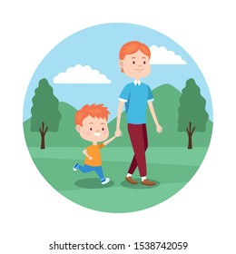 cartoon father and son walking over white background, colorful design , vector illustration