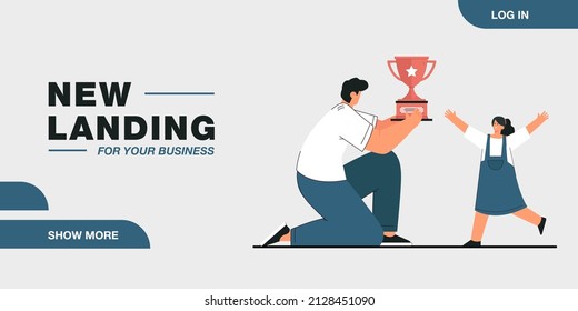 Cartoon father or teacher giving gold cup to little girl. Happy child winning trophy flat vector illustration. Competition, success, victory concept for banner, website design or landing web page