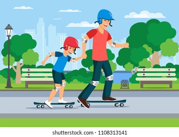Cartoon father teaching son to ride on skate in park with city in background. Active leisure concept.