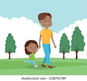 cartoon father walking with his daughter in the park, colorful design , vector illustration