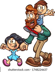 Cartoon father walking with son and daughter. Vector cartoon clip art illustration with simple gradients. All on a single layer.
