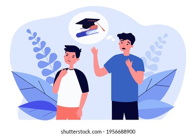 Cartoon father worrying about son studying at school. Flat vector illustration. Dad thinking about importance of education to his dissatisfied son. School, family relationship, conflict concept