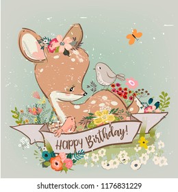 cartoon fawn with flowers