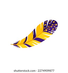 Cartoon feather Barranquilla carnival holiday object, folkloric celebration attribute. Vector colombian exotic feather in yellow and purple colors