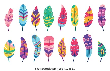 Pluma de dibujos animados. Plumas de estilo boho iconos decorativos. Elementos planos aislados del plumaje del doodle, detalles vibrantes del pájaro. Clipart de Vector neoterico étnico Abstractas