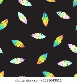 Patrón sin fisuras de la pluma de la historieta, Ilustración vectorial abstracta con los colores suaves del arco iris en el fondo negro, para la tela, materia textil, ropa, papel de embalaje, Fondo de pantalla, cubierta.