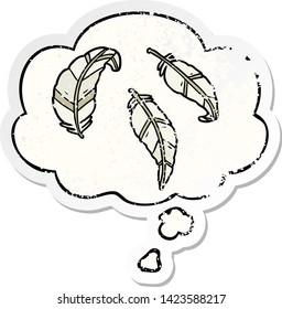 cartoon feathers with thought bubble as a distressed worn sticker